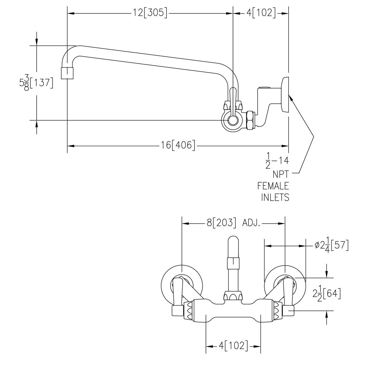 Elkay Foodservice 3-8" Adjustable Centers Wall Mount Faucet w/12" Arc Tube Spout 2" Lever Handles 2" Inlet Chrome