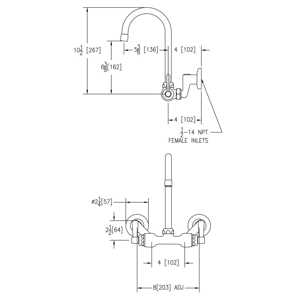 Elkay Foodservice 3-8" Adjustable Centers Wall Mount Faucet w/5" Gooseneck Spout 2" Lever Handles 2" Inlet Chrome