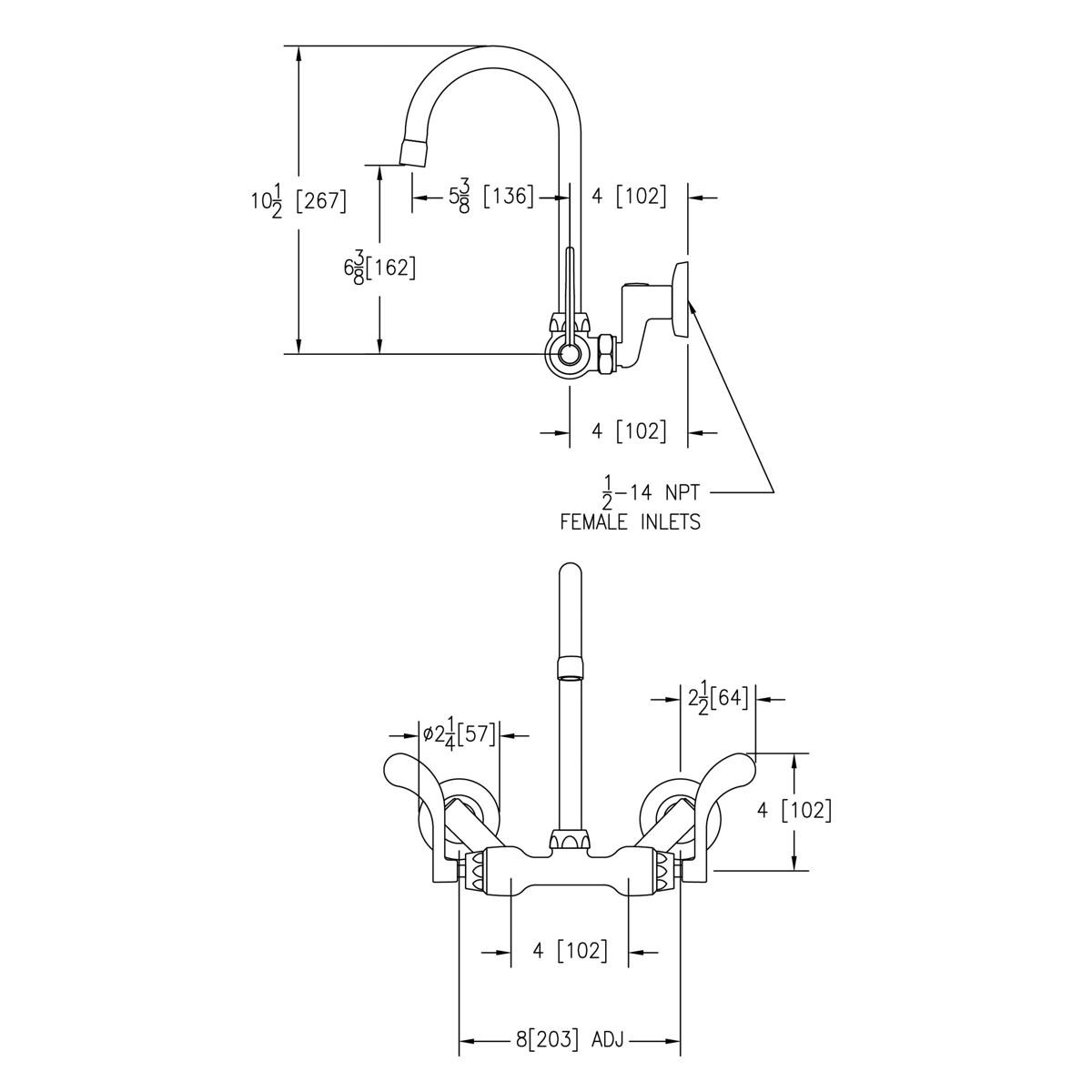 Elkay Foodservice 3-8" Adjustable Centers Wall Mount Faucet w/5" Gooseneck Spout 4" Wristblade Handles 2" Inlet