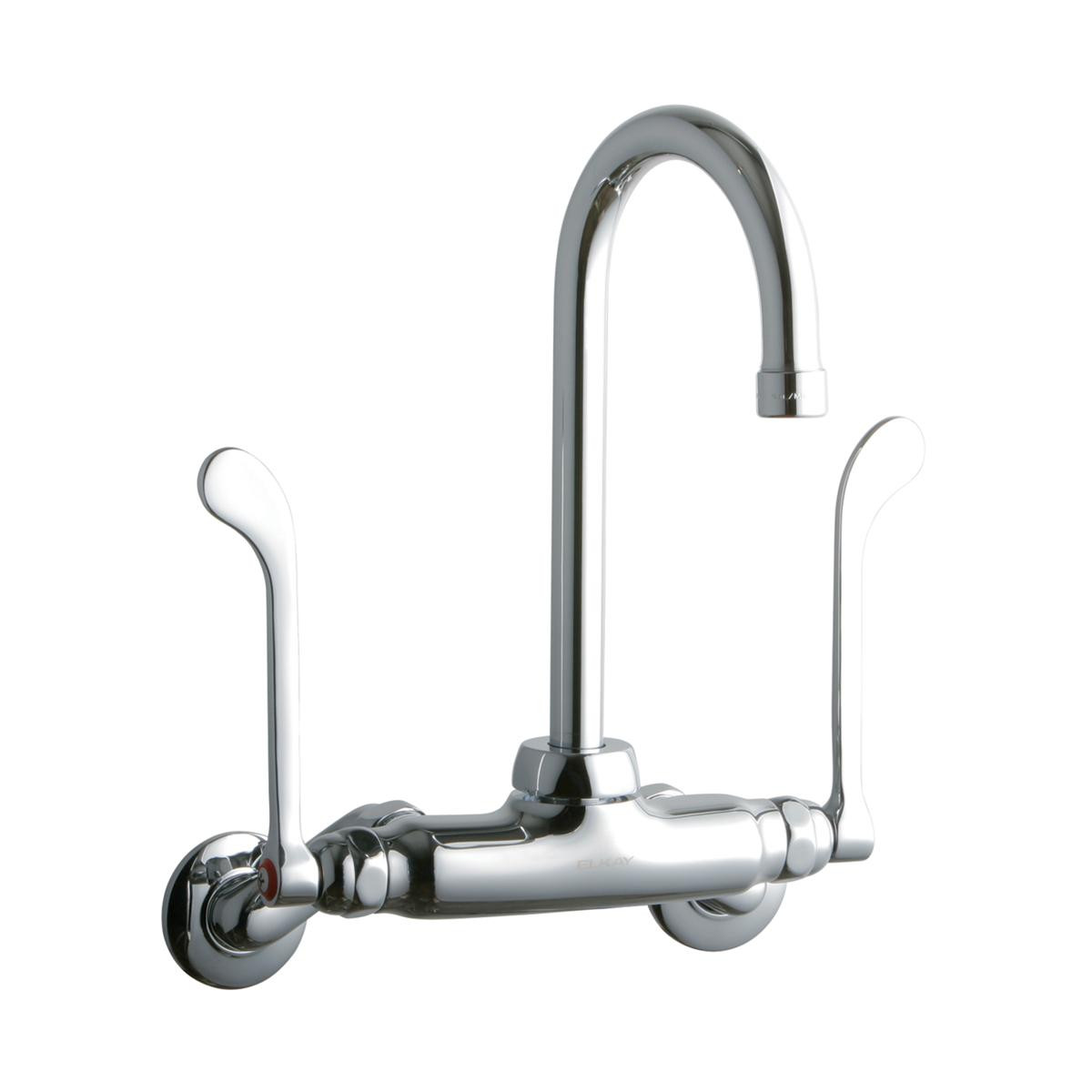 Elkay Foodservice 3-8" Adjustable Centers Wall Mount Faucet w/5" Gooseneck Spout 6" Wristblade Handles 2" Inlet