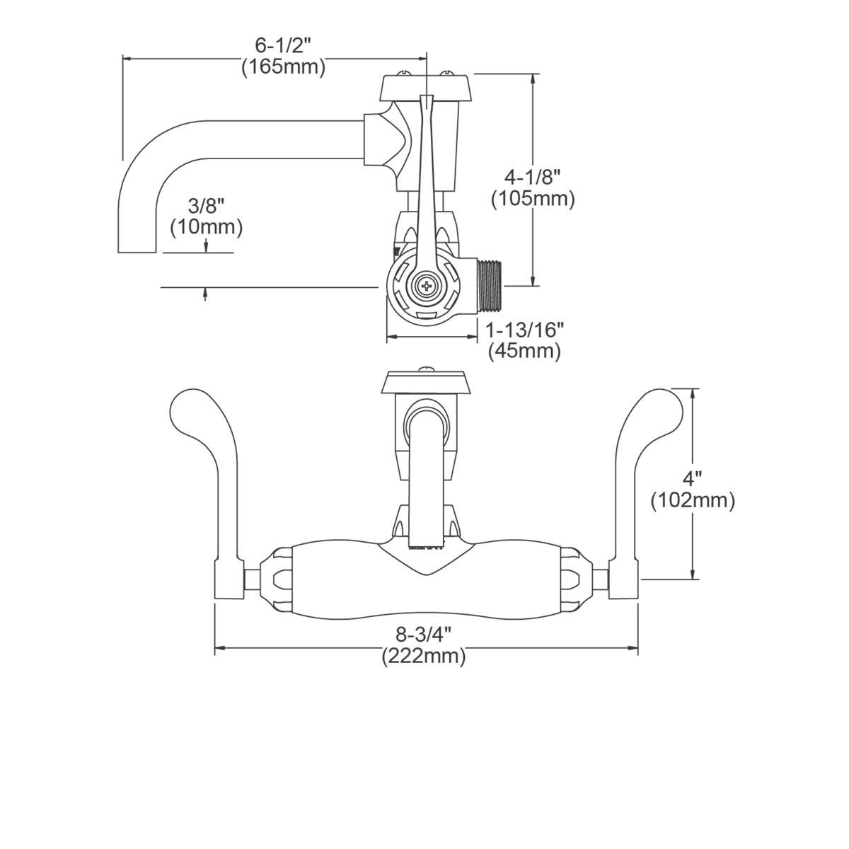 Elkay Foodservice 3-8" Adjustable Centers Wall Mount Faucet w/7" Vented Spout 4" Wristblade Handles 2" Inlet