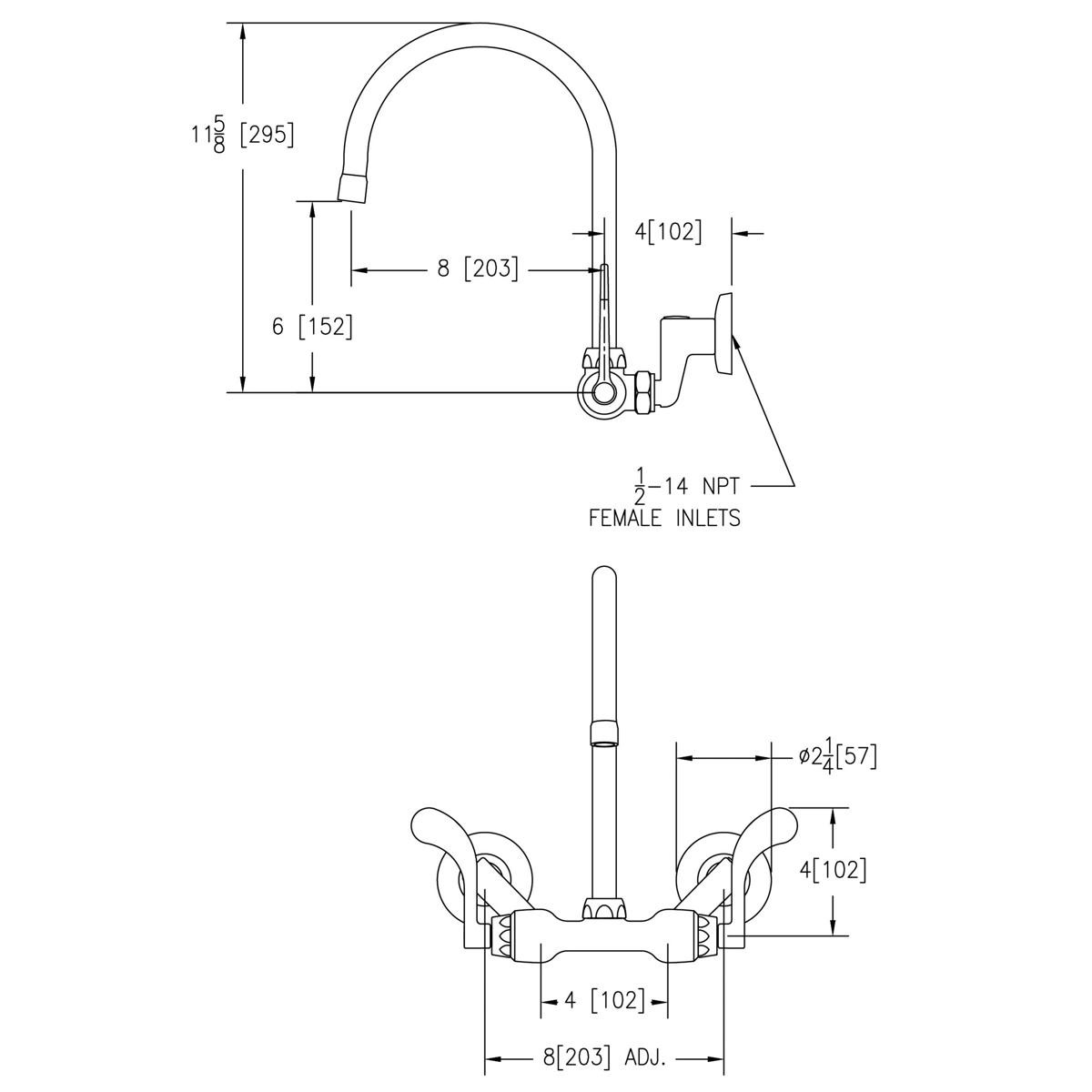 Elkay Foodservice 3-8" Adjustable Centers Wall Mount Faucet w/8" Gooseneck Spout 4" Wristblade Handles 2" Inlet