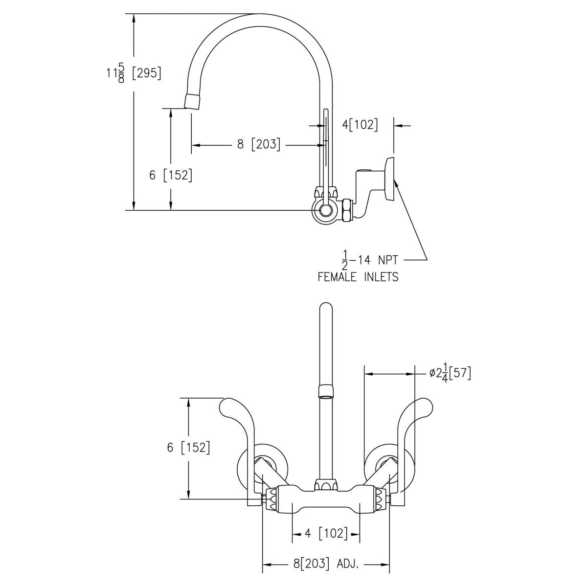 Elkay Foodservice 3-8" Adjustable Centers Wall Mount Faucet w/8" Gooseneck Spout 6" Wristblade Handles 2" Inlet