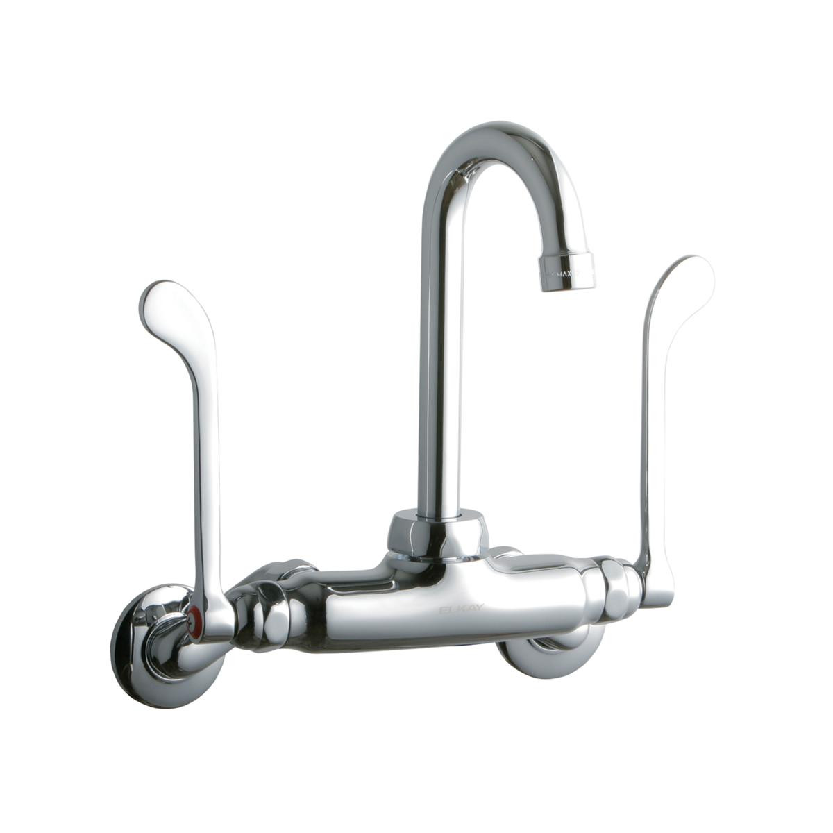 Elkay Foodservice 3-8" Adjustable Centers Wall Mount Faucet with 4" Gooseneck Spout 6" Wristblade Handles 2" Inlet