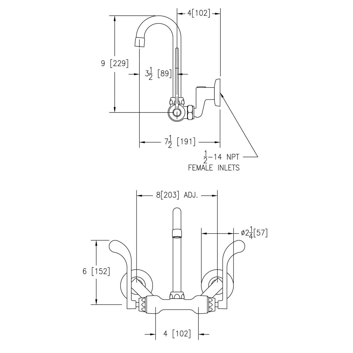 Elkay Foodservice 3-8" Adjustable Centers Wall Mount Faucet with 4" Gooseneck Spout 6" Wristblade Handles 2" Inlet