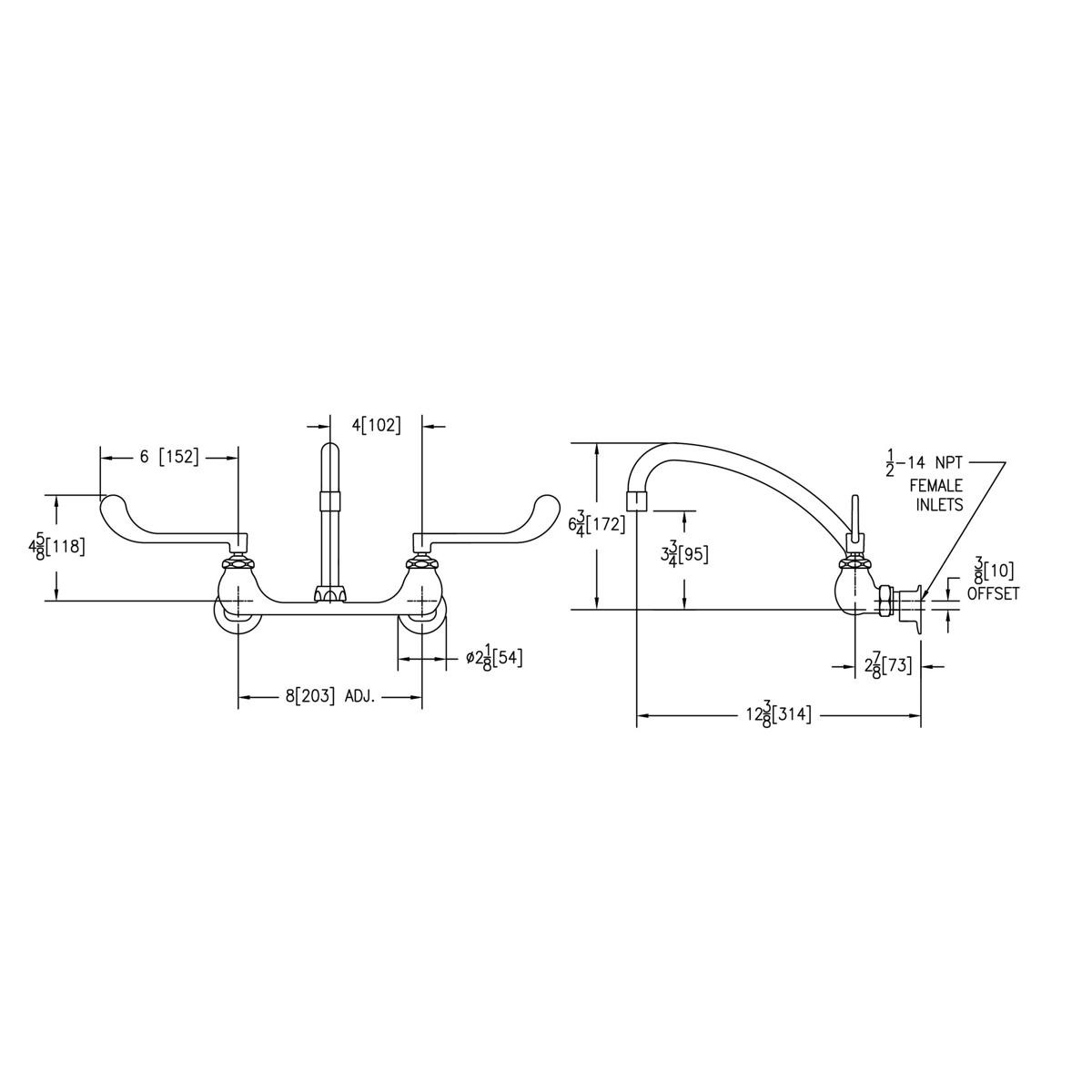 Elkay Foodservice 8" Centerset Wall Mount Faucet with 10" Arc Tube Spout 6" Wristblade Handles 1/2" Offset Inlets