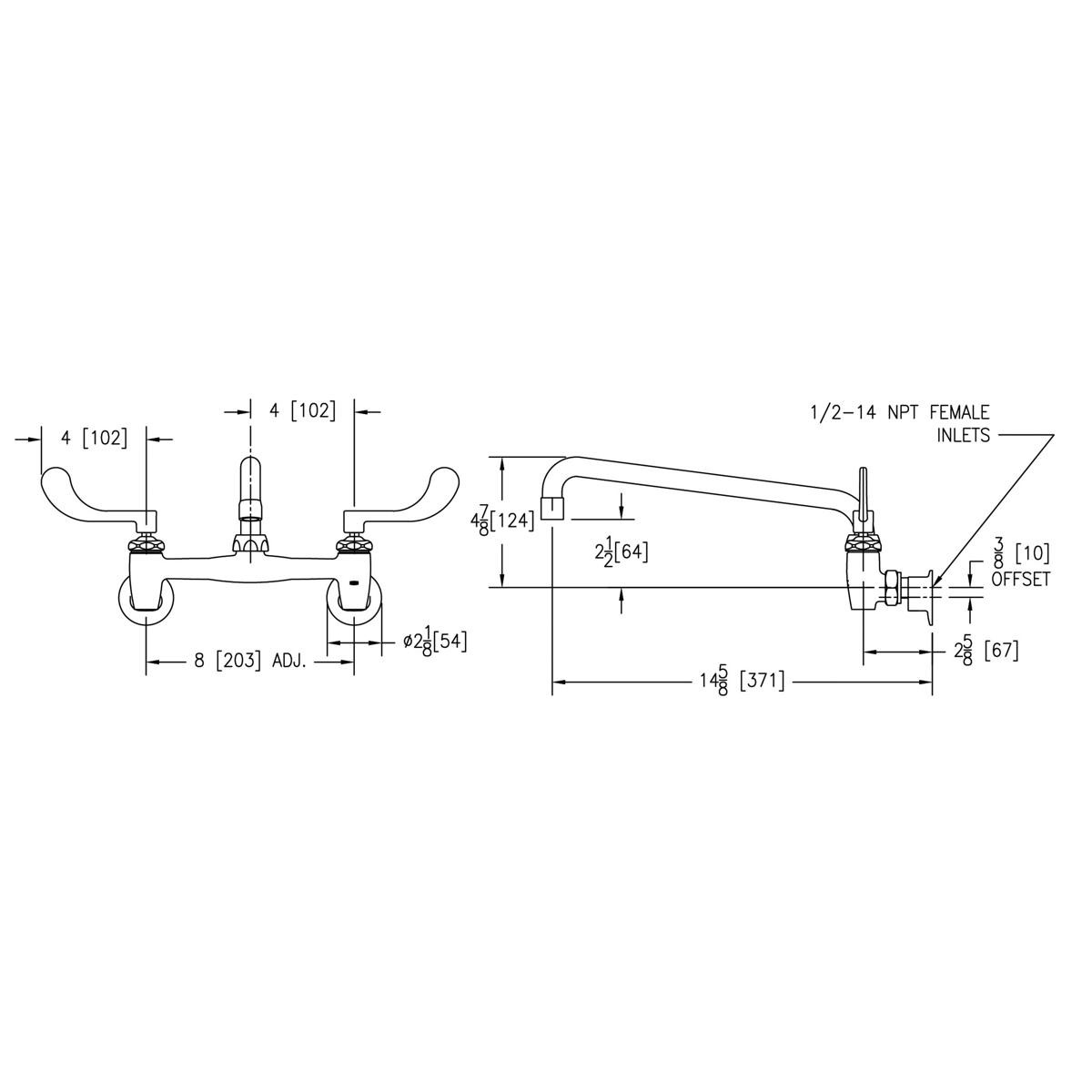Elkay Foodservice 8" Centerset Wall Mount Faucet with 12" Arc Tube Spout 4in Wristblade Handles 1/2" Offset Inlets+Stop