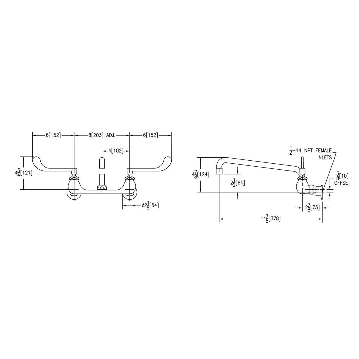 Elkay Foodservice 8" Centerset Wall Mount Faucet with 12" Arc Tube Spout 6" Wristblade Handles 1/2" Offset Inlets