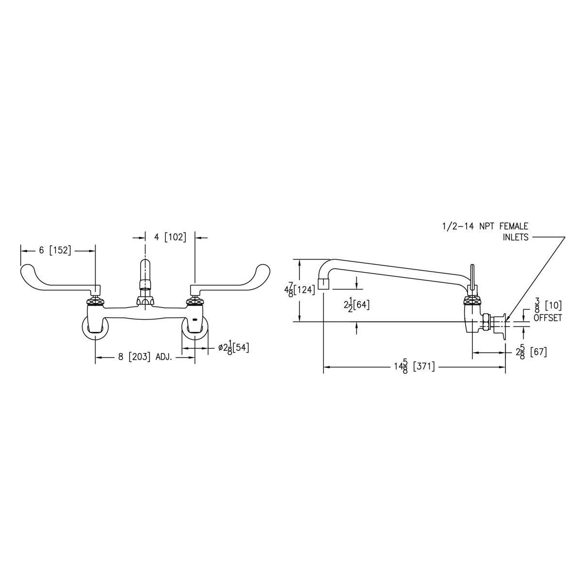 Elkay Foodservice 8" Centerset Wall Mount Faucet with 12" Arc Tube Spout 6in Wristblade Handles 1/2" Offset Inlets+Stop