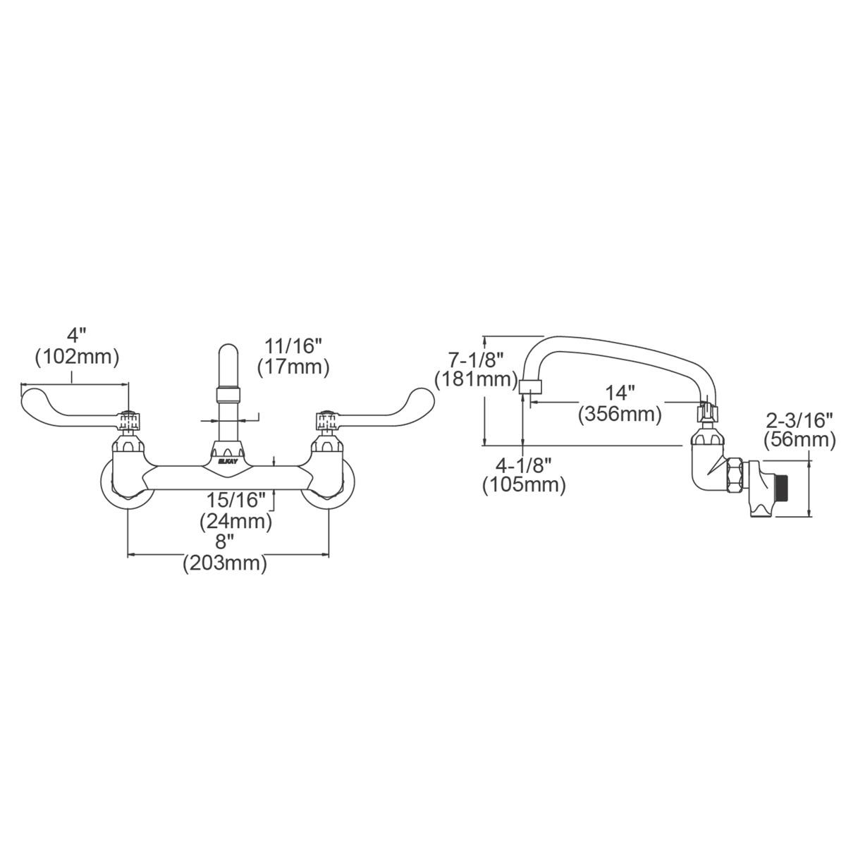 Elkay Foodservice 8" Centerset Wall Mount Faucet with 14" Arc Tube Spout 4in Wristblade Handles 1/2" Offset Inlets+Stop