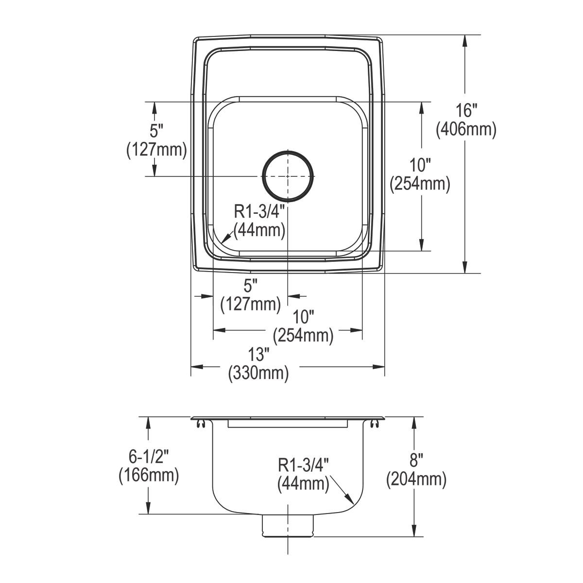 Elkay Lustertone Classic Stainless Steel 13" x 16" x 6-1/2" 1-Hole Single Bowl Drop-in ADA Sink with Perfect Drain and Quick-clip