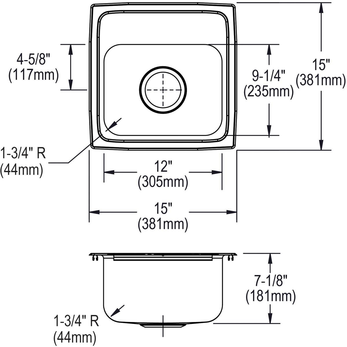 Elkay Lustertone Classic Stainless Steel 15" x 15" x 7-1/8" 1-Hole Single Bowl Drop-in Bar Sink with 3-1/2" Drain