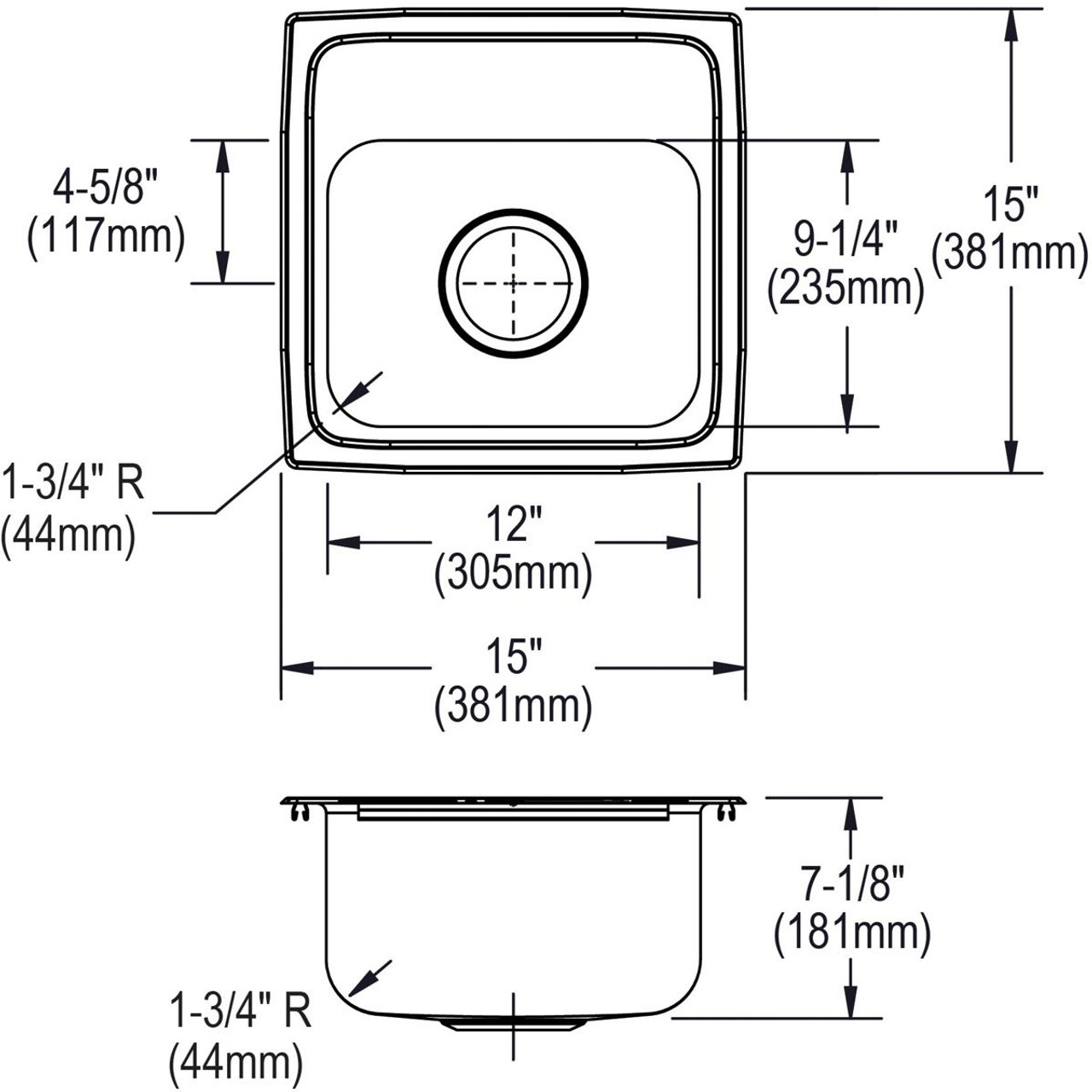 Elkay Lustertone Classic Stainless Steel 15" x 15" x 7-1/8" 2-Hole Single Bowl Drop-in Bar Sink with Quick-clip and 3-1/2" Drain