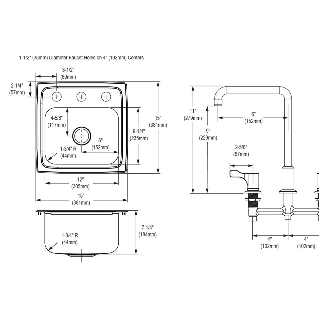 Elkay Lustertone Classic Stainless Steel 15" x 15" x 7-1/8" 3-Hole Single Bowl Drop-in Bar Sink + Faucet Kit