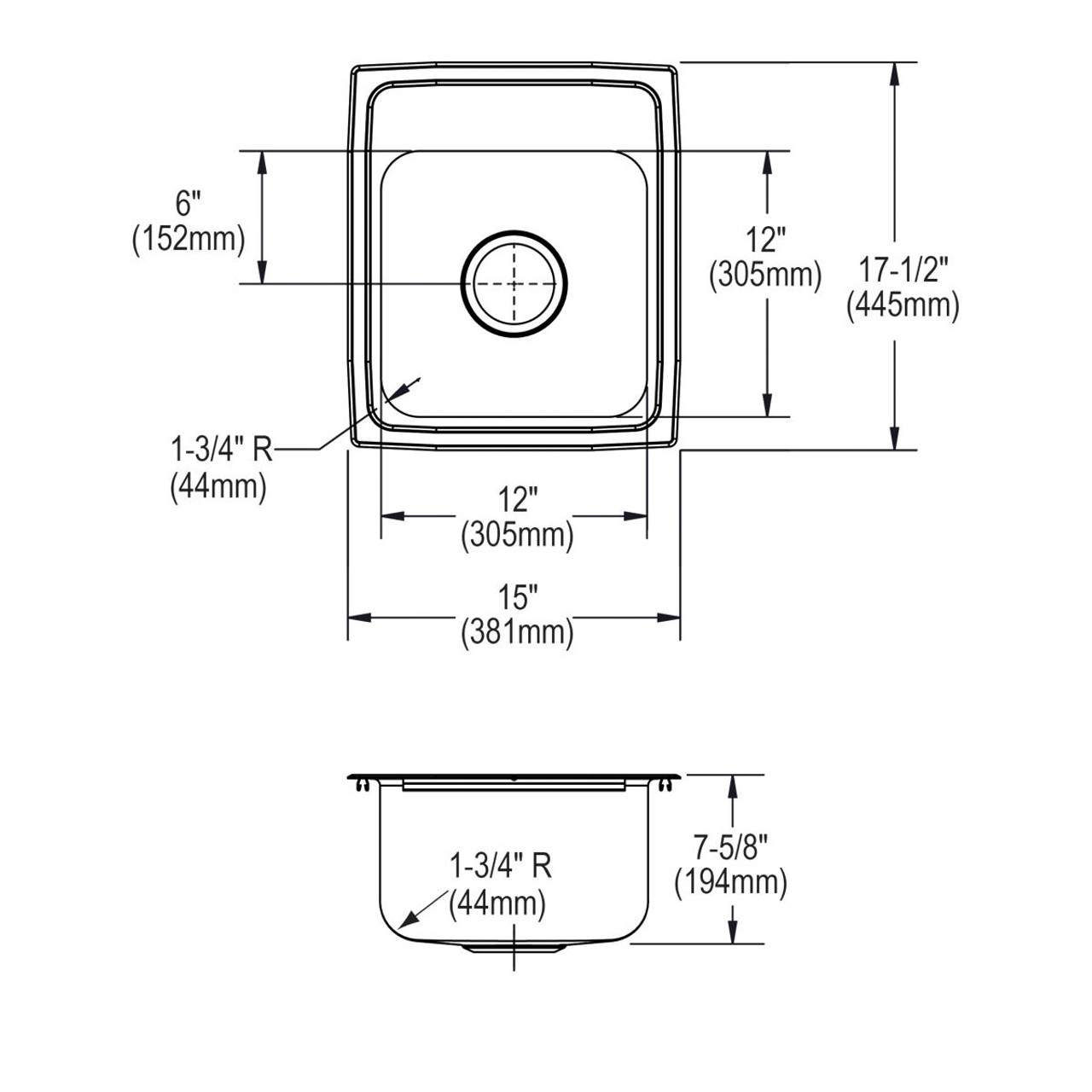 Elkay Lustertone Classic Stainless Steel 15" x 17-1/2" x 7-5/8", 0-Hole Single Bowl Drop-in Bar Sink with Quick-clip
