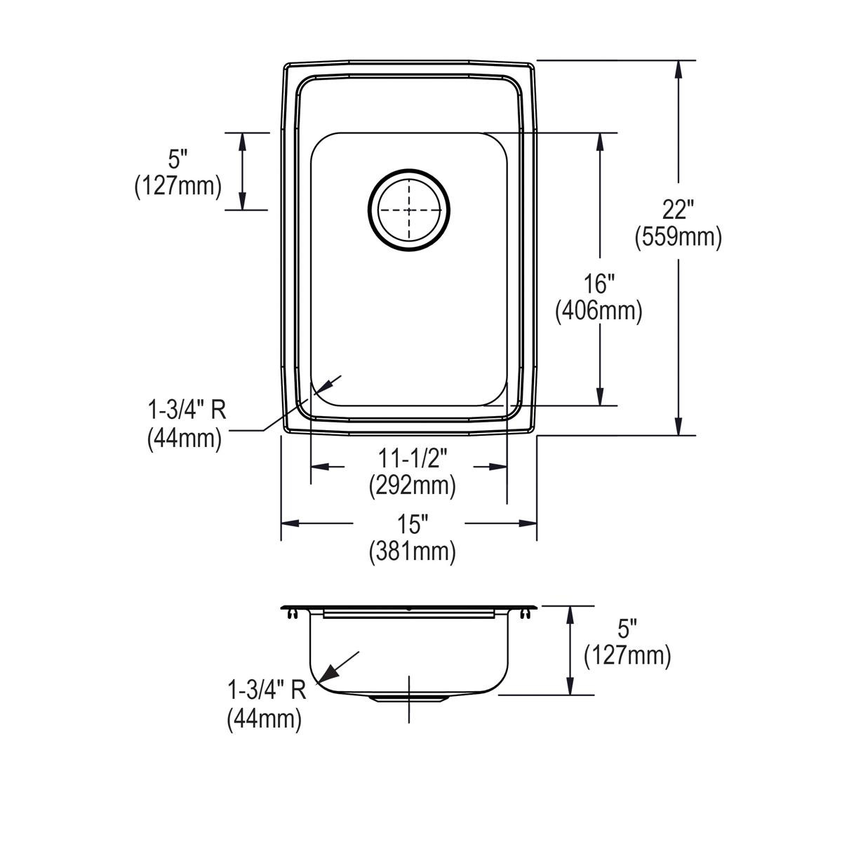 Elkay Lustertone Classic Stainless Steel 15" x 22" x 5", 3-Hole Single Bowl Drop-in ADA Sink