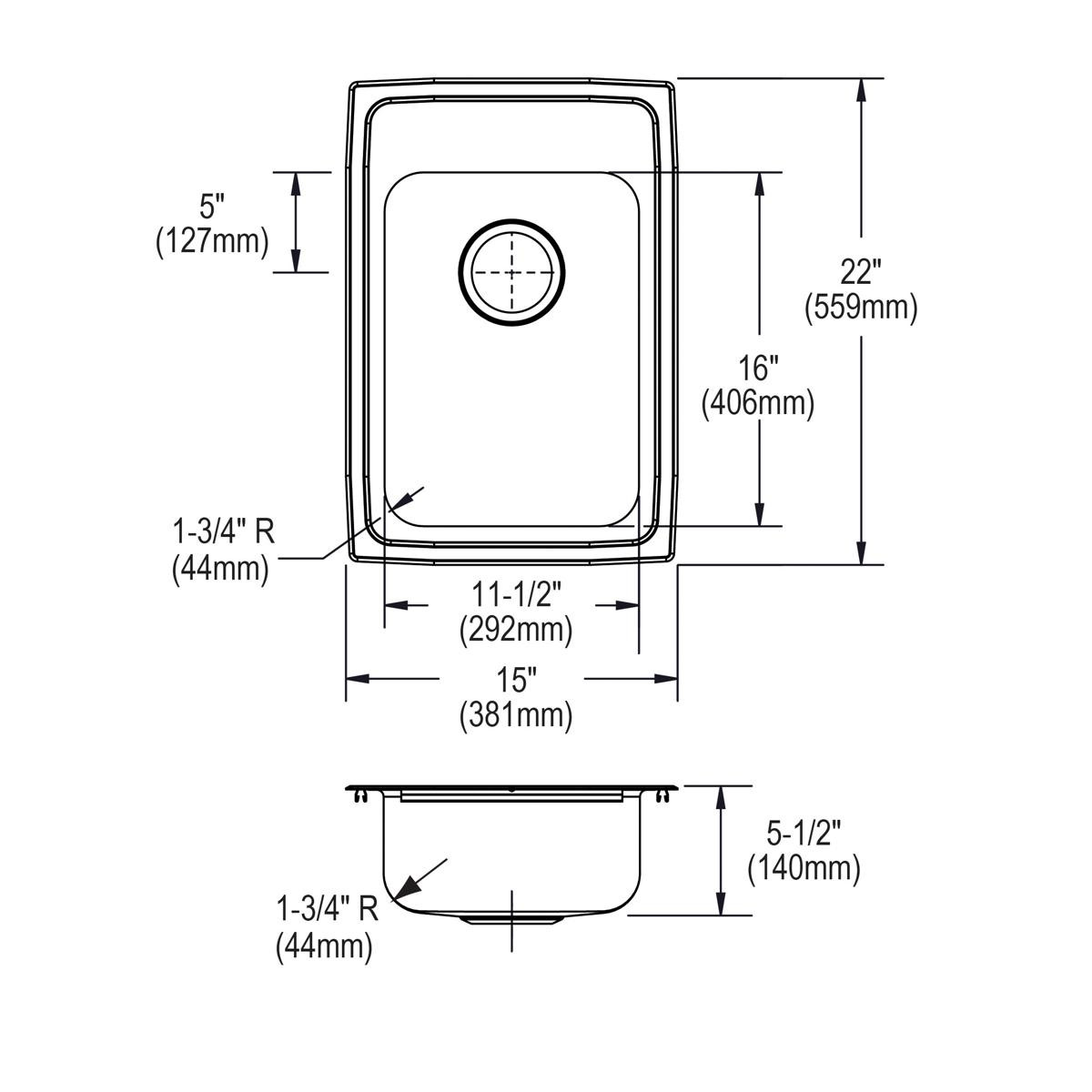 Elkay Lustertone Classic Stainless Steel 15" x 22" x 5-1/2" 1-Hole Single Bowl Drop-in ADA Sink