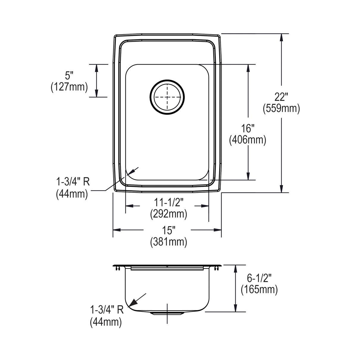 Elkay Lustertone Classic Stainless Steel 15" x 22" x 6-1/2" 1-Hole Single Bowl Drop-in ADA Sink