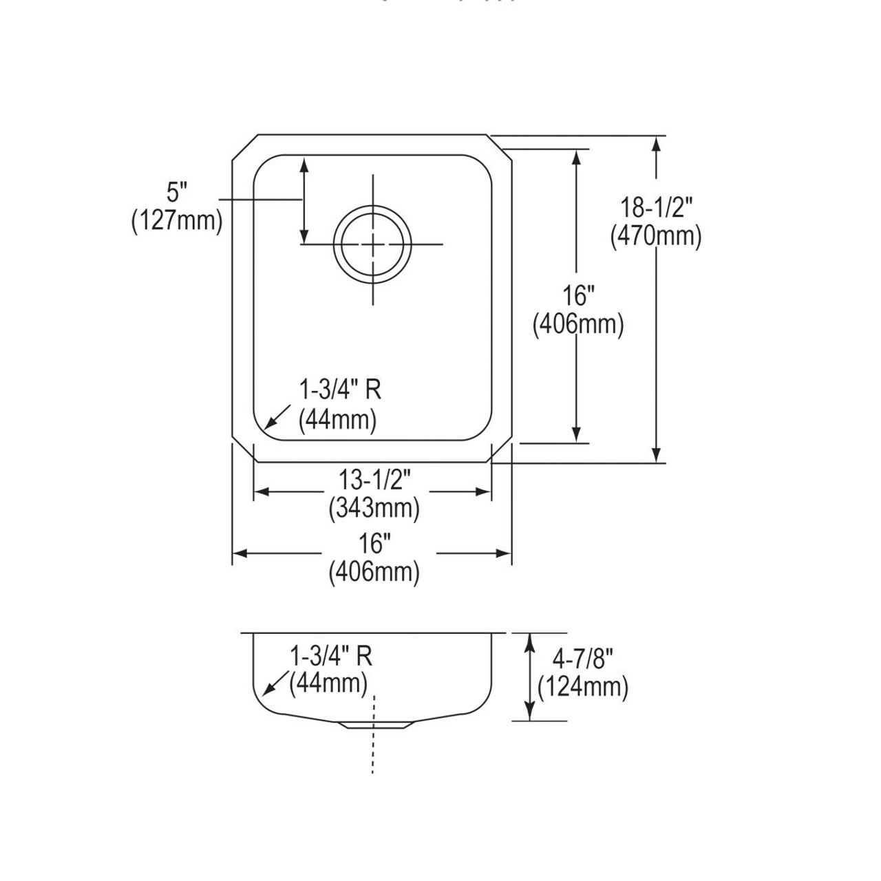 Elkay Lustertone Classic Stainless Steel 16" x 18-1/2" x 4-7/8" Single Bowl Undermount ADA Sink