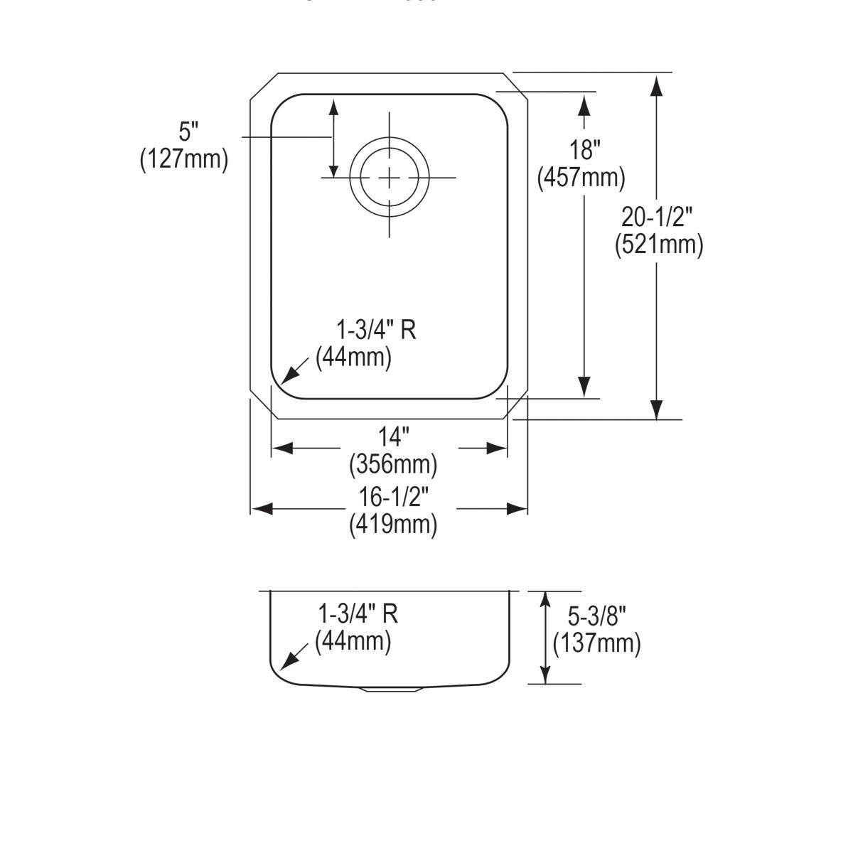 Elkay Lustertone Classic Stainless Steel 16-1/2" x 20-1/2" x 5-3/8", Single Bowl Undermount ADA Sink