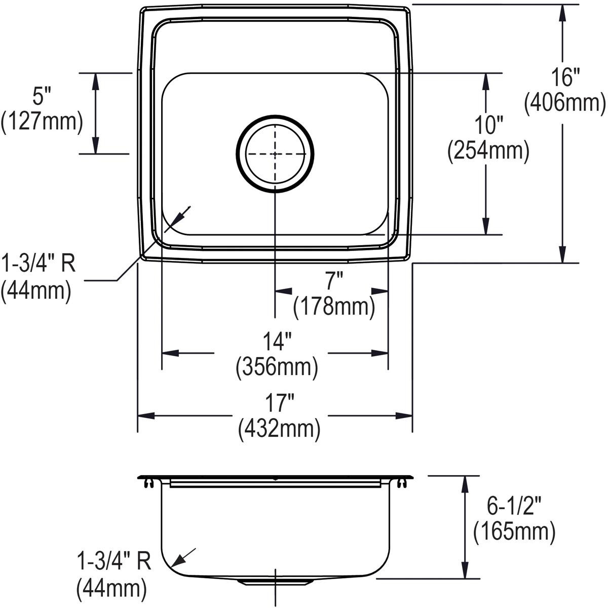 Elkay Lustertone Classic Stainless Steel 17" x 16" x 6-1/2" 2-Hole Single Bowl Drop-in ADA Sink with Quick-clip