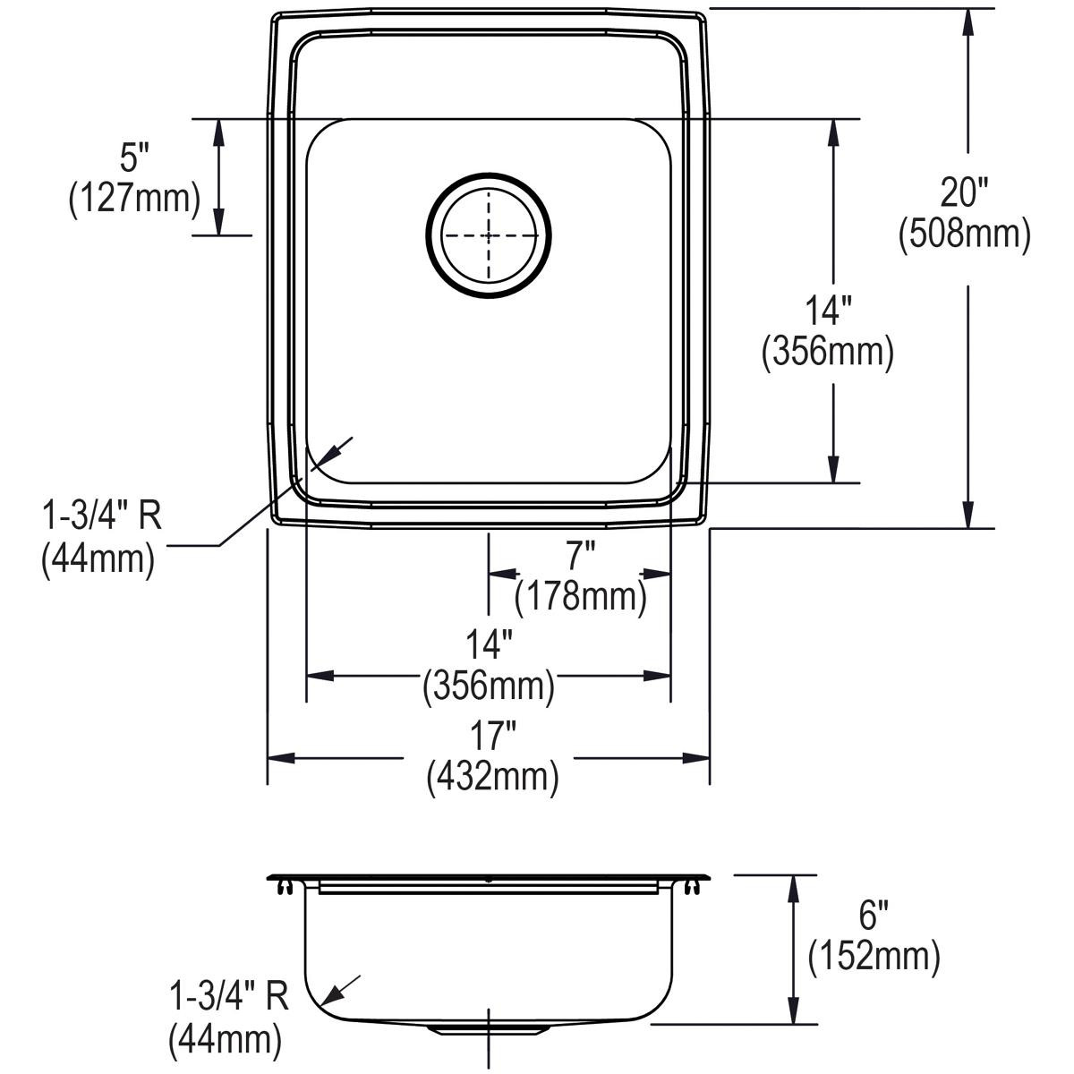 Elkay Lustertone Classic Stainless Steel 17" x 20" x 6" 3-Hole Single Bowl Drop-in ADA Sink with Quick-clip