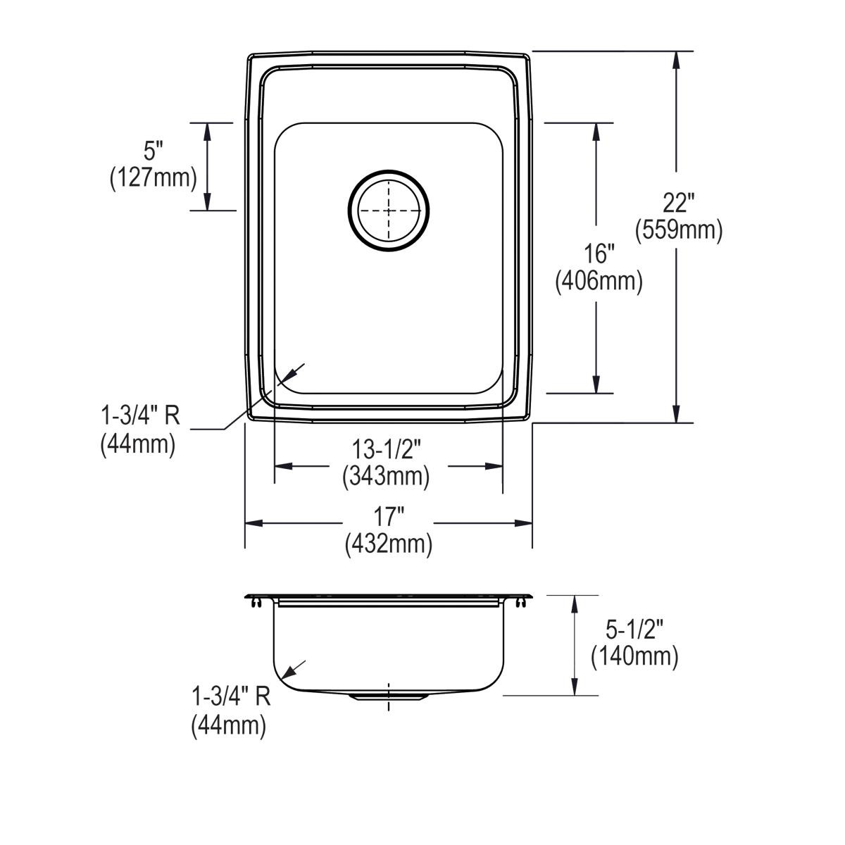 Elkay Lustertone Classic Stainless Steel 17" x 22" x 5-1/2", 2-Hole Single Bowl Drop-in ADA Sink