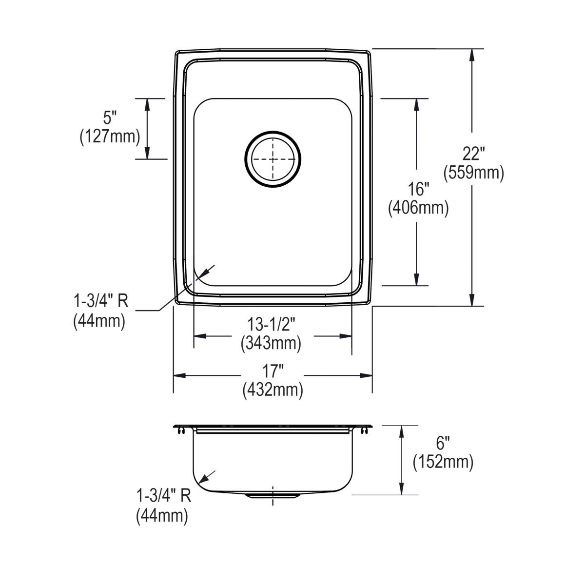 Elkay Lustertone Classic Stainless Steel 17" x 22" x 6" MR2-Hole Single Bowl Drop-in ADA Sink