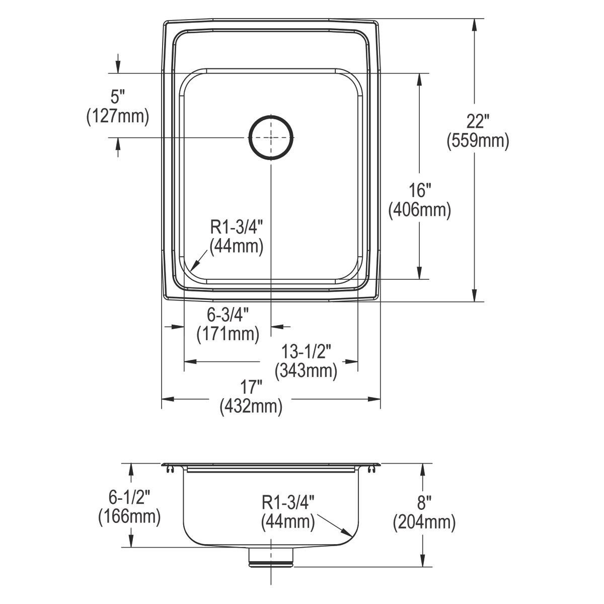 Elkay Lustertone Classic Stainless Steel 17" x 22" x 6-1/2" 3-Hole Single Bowl Drop-in ADA Sink with Perfect Drain