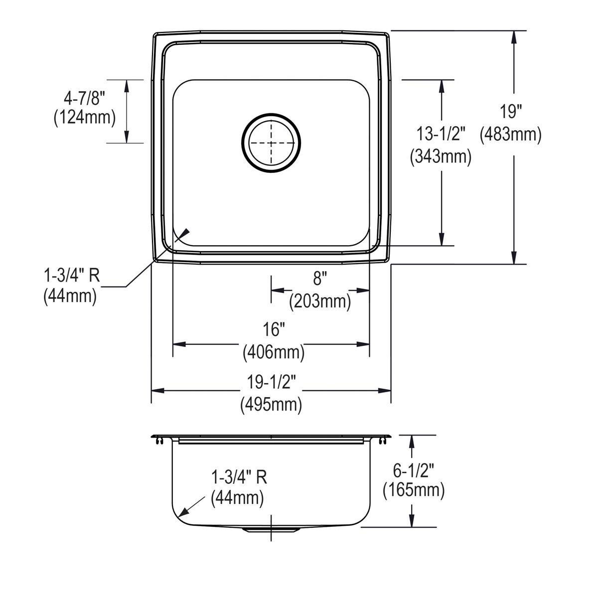Elkay Lustertone Classic Stainless Steel 19-1/2" x 19" x 6-1/2" 1-Hole Single Bowl Drop-in ADA Sink with Quick-clip