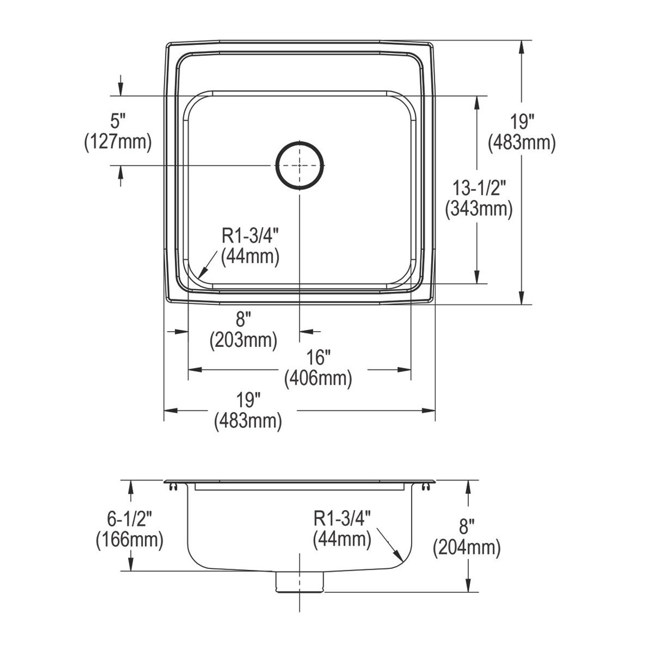Elkay Lustertone Classic Stainless Steel 19-1/2" x 19" x 6-1/2", 0-Hole Single Bowl Drop-in ADA Sink with Perfect Drain and Quick-clip