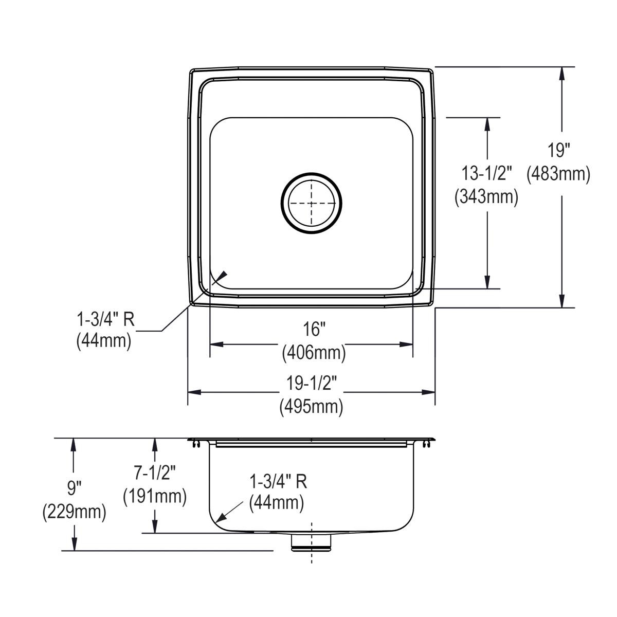 Elkay Lustertone Classic Stainless Steel 19-1/2" x 19" x 7-1/2", MR2-Hole Single Bowl Drop-in Sink with Perfect Drain