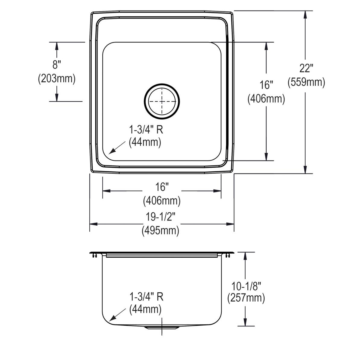Elkay Lustertone Classic Stainless Steel 19-1/2" x 22" x 10-1/8" 3-Hole Single Bowl Drop-in Sink with Quick-clip