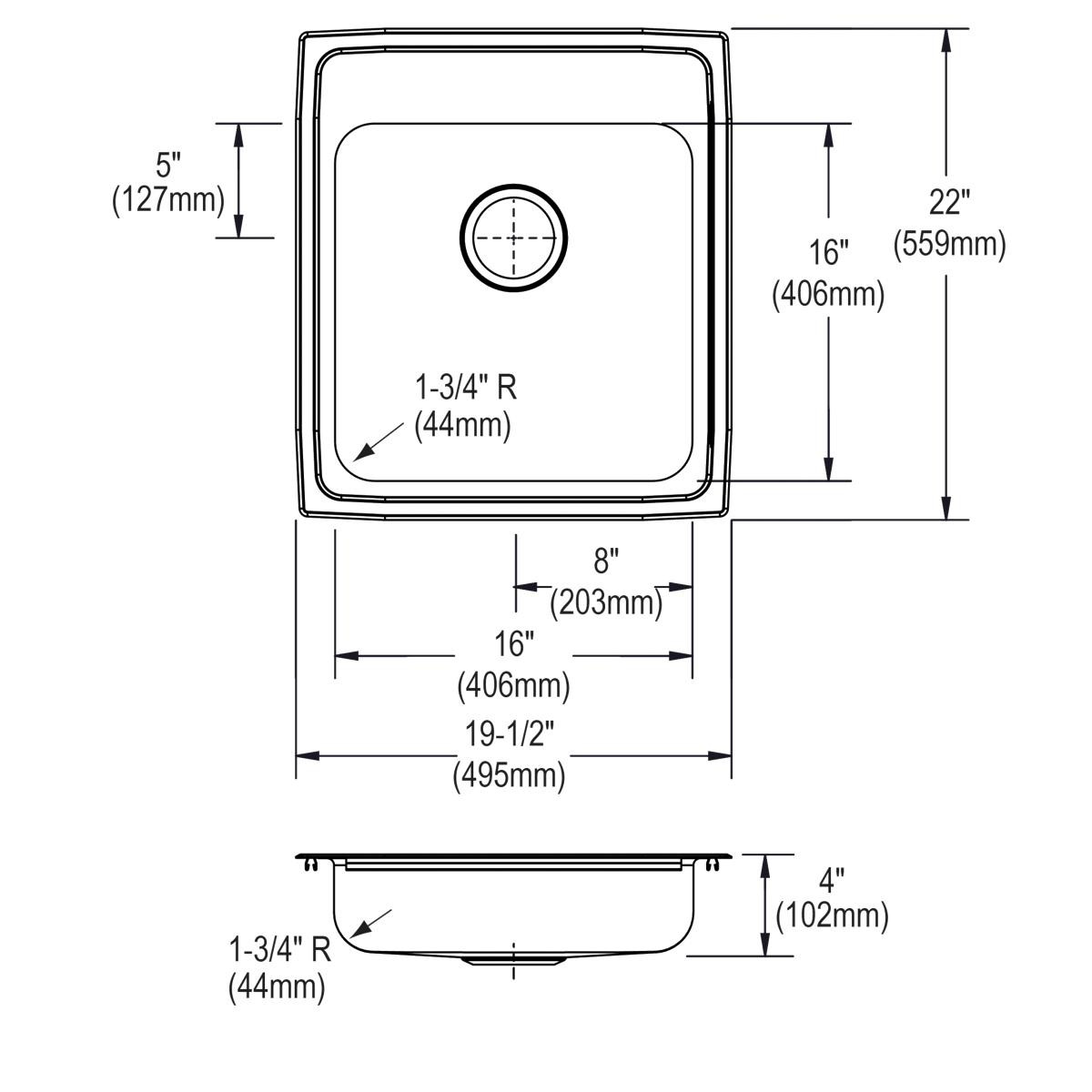 Elkay Lustertone Classic Stainless Steel 19-1/2" x 22" x 4" MR2-Hole Single Bowl Drop-in ADA Sink