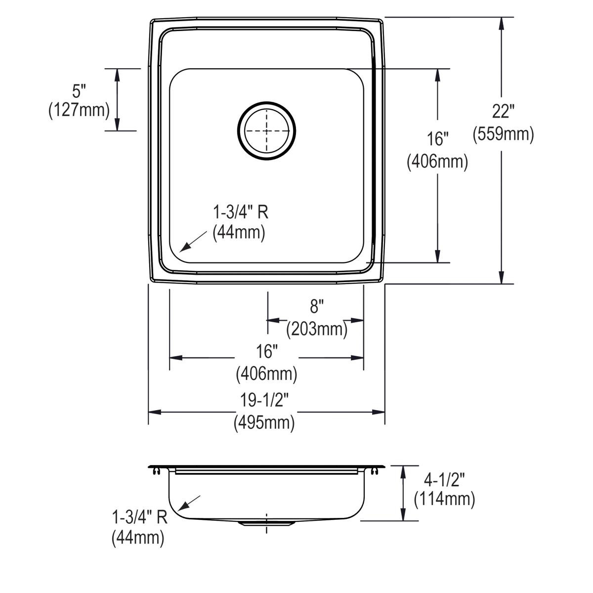 Elkay Lustertone Classic Stainless Steel 19-1/2" x 22" x 4-1/2" 2-Hole Single Bowl Drop-in ADA Sink