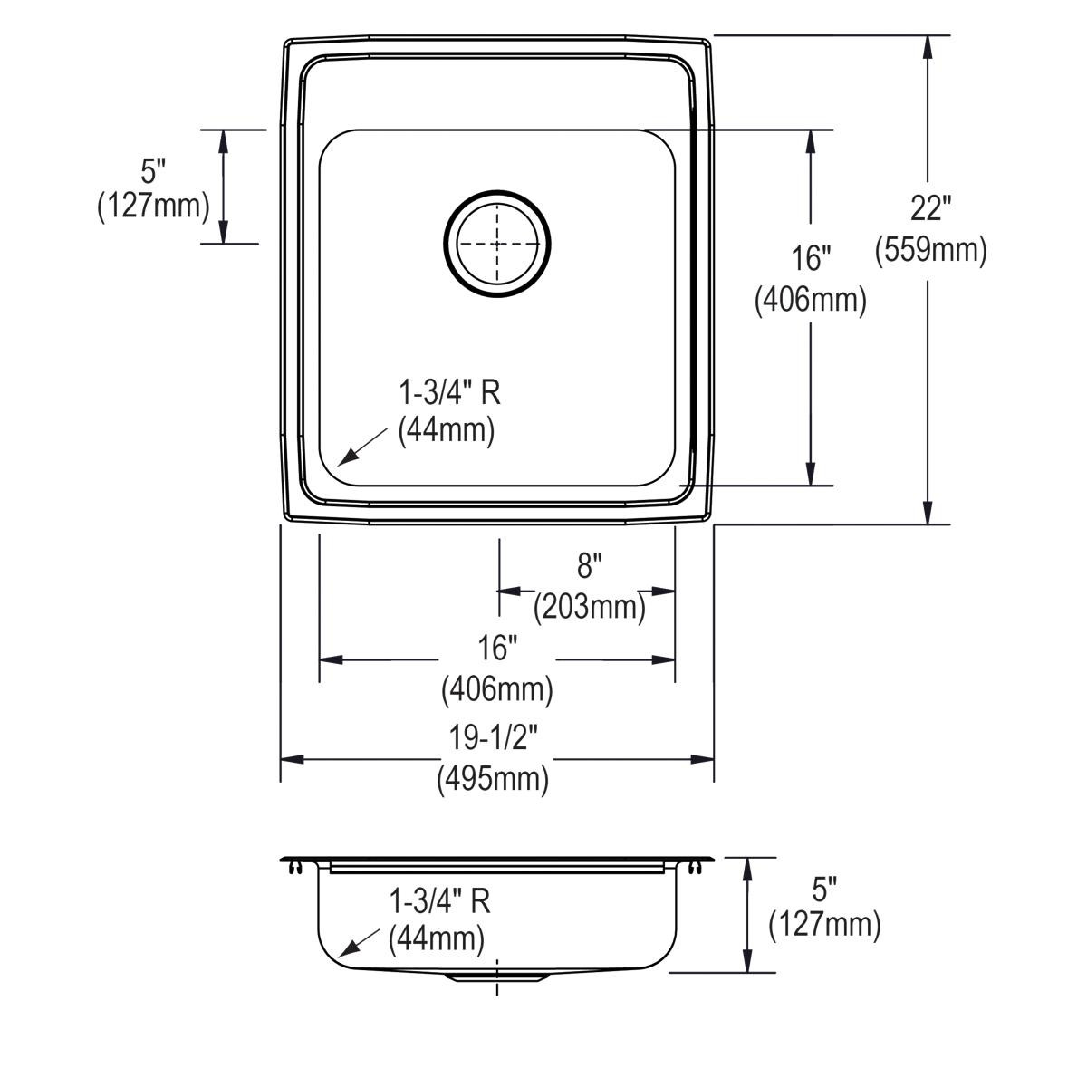 Elkay Lustertone Classic Stainless Steel 19-1/2" x 22" x 5", 1-Hole Single Bowl Drop-in ADA Sink with Quick-clip