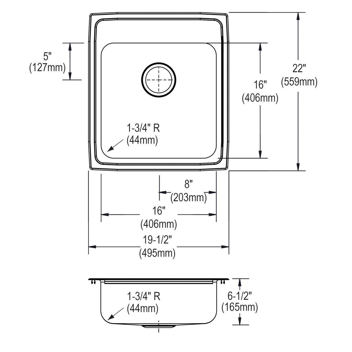 Elkay Lustertone Classic Stainless Steel 19-1/2" x 22" x 6-1/2" 2-Hole Single Bowl Drop-in ADA Sink
