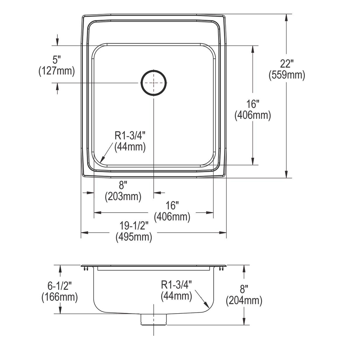 Elkay Lustertone Classic Stainless Steel 19-1/2" x 22" x 6-1/2", 1-Hole Single Bowl Drop-in ADA Sink with Perfect Drain