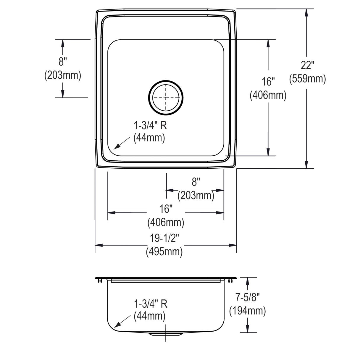Elkay Lustertone Classic Stainless Steel 19-1/2" x 22" x 7-5/8", 1-Hole Single Bowl Drop-in Sink with Quick-clip