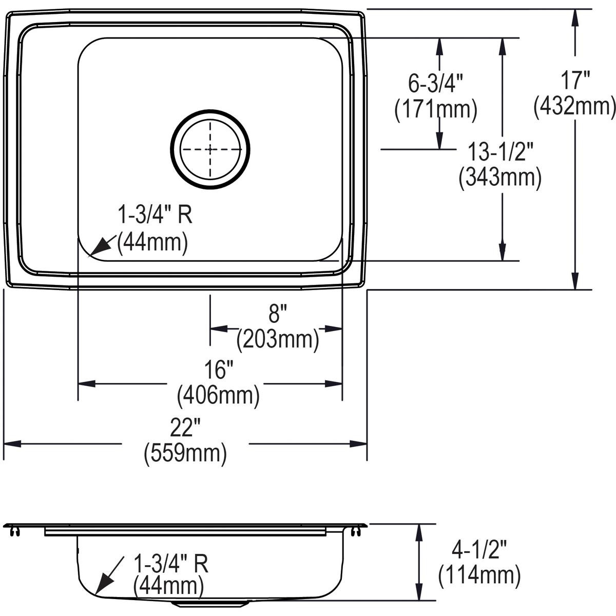 Elkay Lustertone Classic Stainless Steel 22" x 17" x 4-1/2", 2-Hole Single Bowl Drop-in Classroom ADA Sink