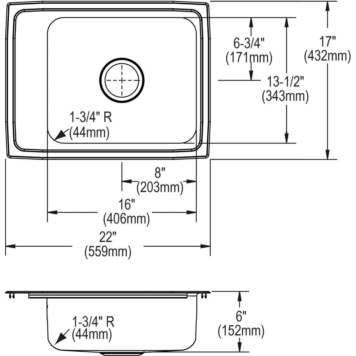 Elkay Lustertone Classic Stainless Steel 22" x 17" x 6", 1-Hole Single Bowl Drop-in Classroom ADA Sink