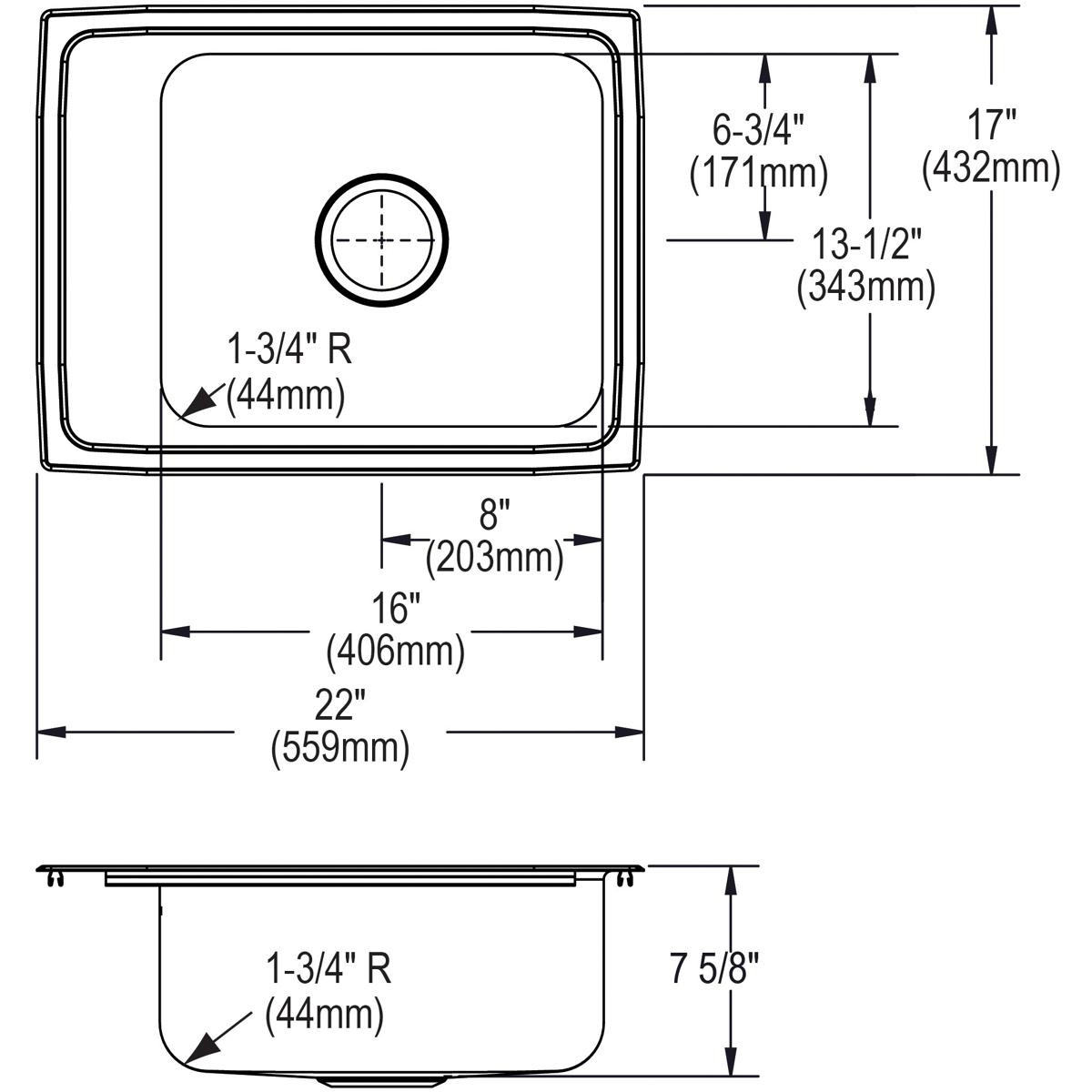 Elkay Lustertone Classic Stainless Steel 22" x 17" x 7-5/8", 2-Hole Single Bowl Drop-in Classroom Sink