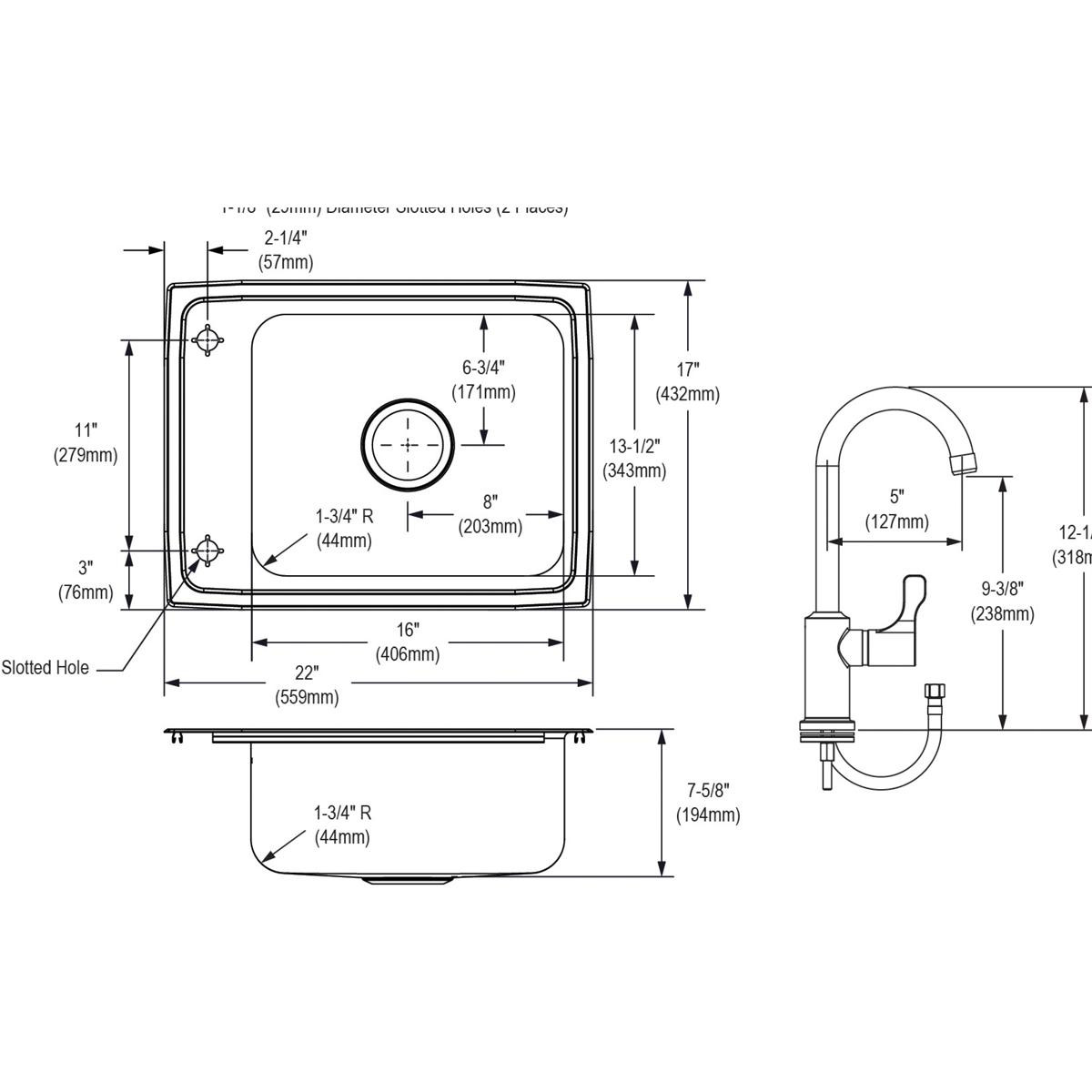 Elkay DRKR2217LC Lustertone Classic Stainless Steel 22" x 17" x 7-5/8", 2-Hole Single Drop-in Classroom Sink + Faucet/Bubbler Kit