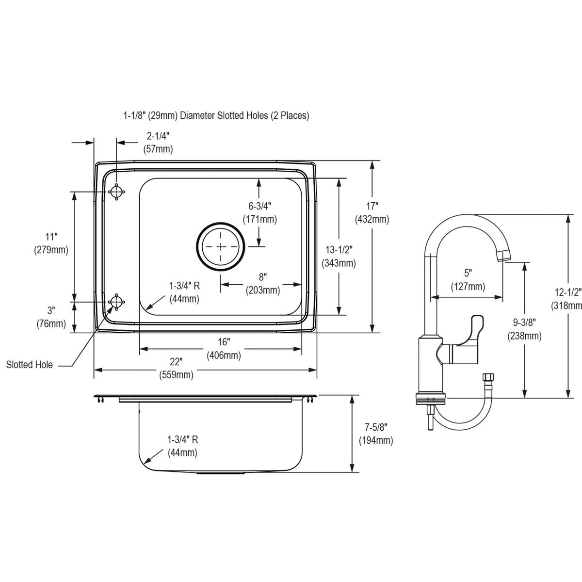 Elkay Lustertone Classic Stainless Steel 22" x 17" x 7-5/8", 2-Hole Single Drop-in Classroom Sink + Vandal-resistant Faucet/Bubbler Kit
