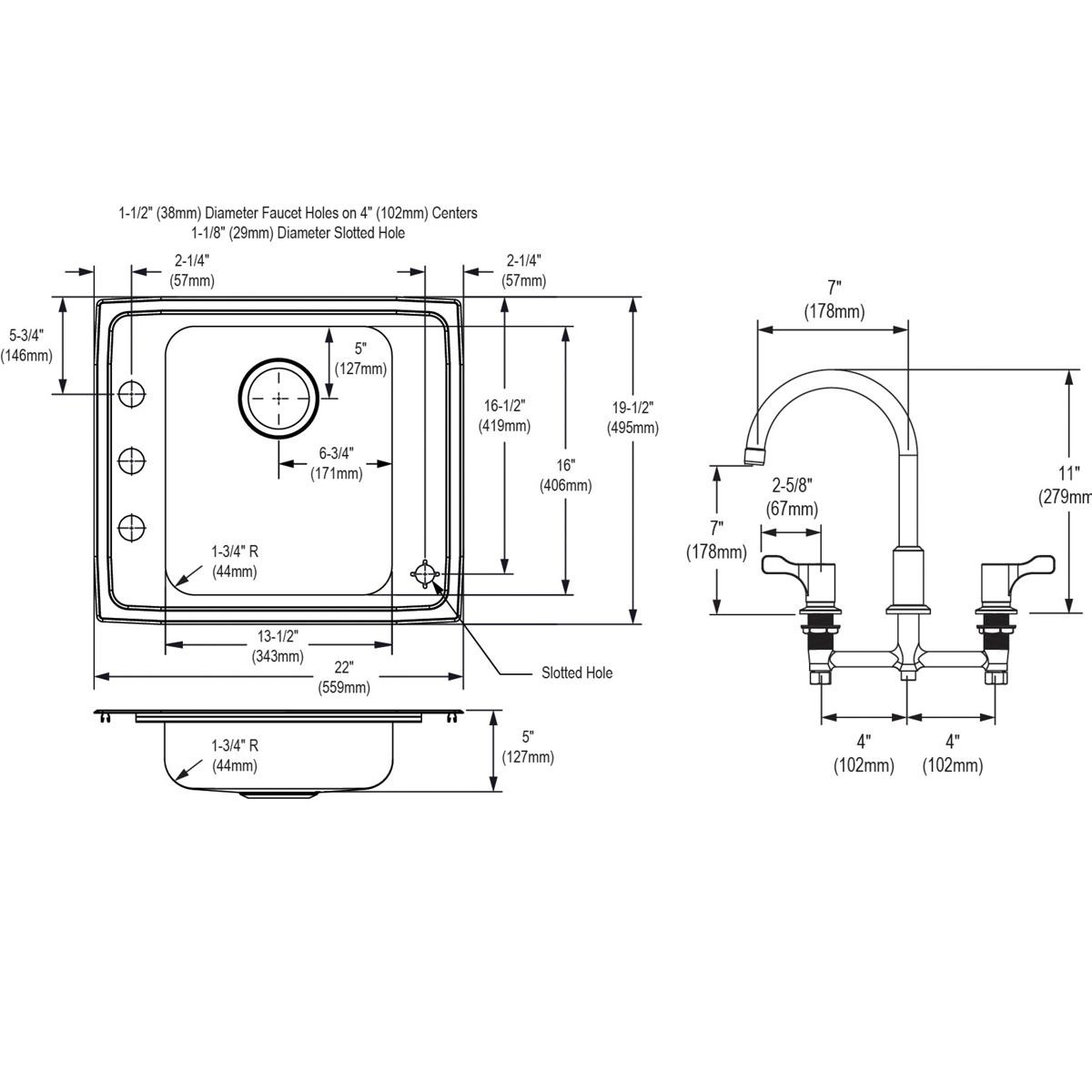 Elkay Lustertone Classic Stainless Steel 22" x 19-1/2" x 5", Single Bowl Drop-in Classroom ADA Sink Kit