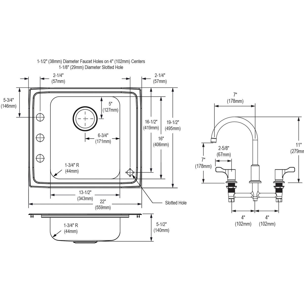Elkay Lustertone Classic Stainless Steel 22" x 19-1/2" x 5-1/2" Single Bowl Drop-in Classroom ADA Sink Kit