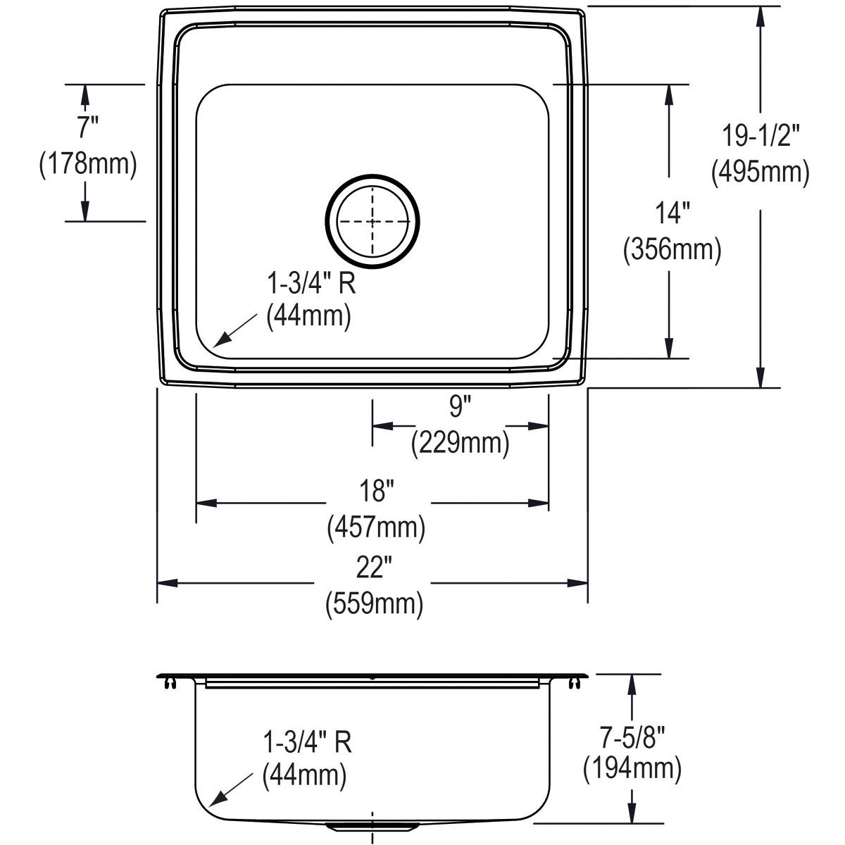 Elkay Lustertone Classic Stainless Steel 22" x 19-1/2" x 7-5/8" 4-Hole Single Bowl Drop-in Sink with Quick-clip