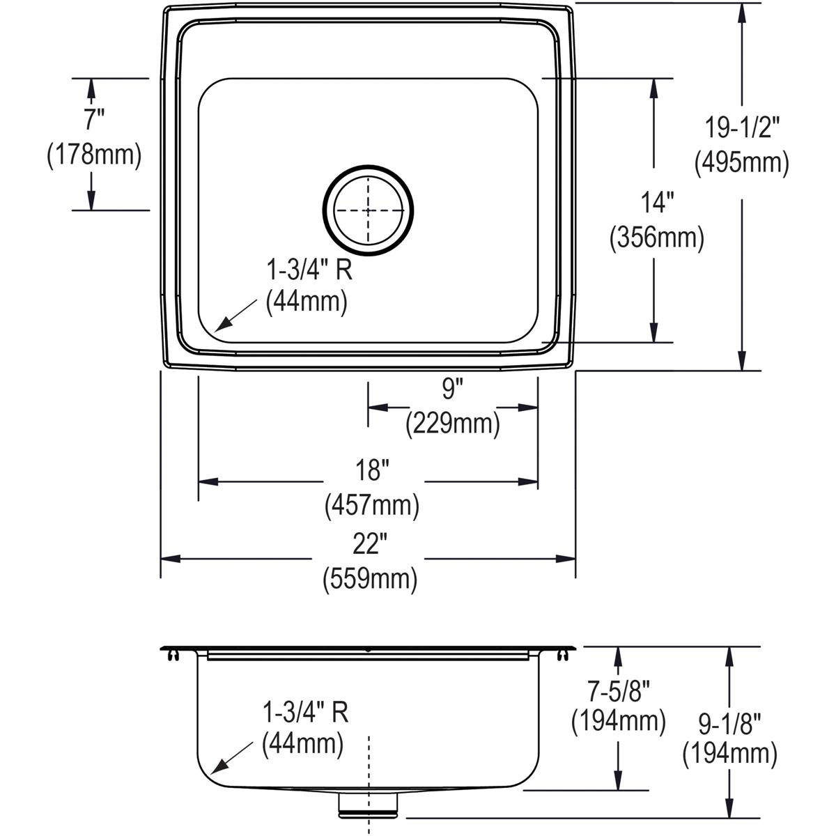 Elkay Lustertone Classic Stainless Steel 22" x 19-1/2" x 7-5/8" MR2-Hole Single Bowl Drop-in Sink with Perfect Drain