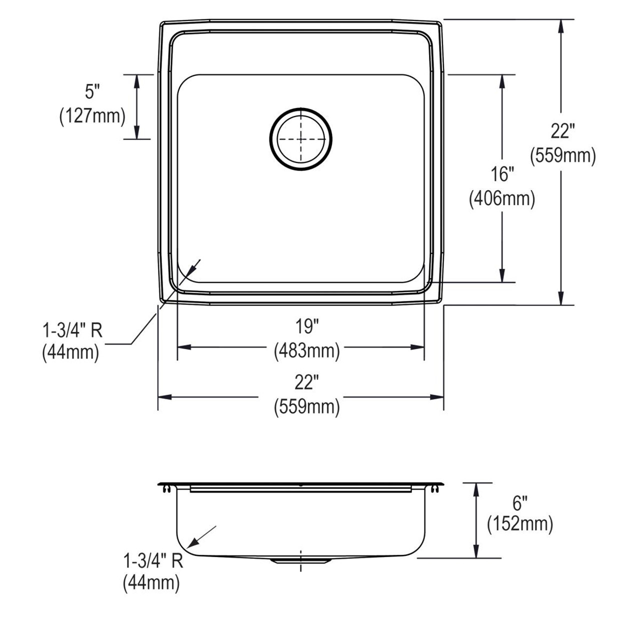 Elkay Lustertone Classic Stainless Steel 22" x 22" x 6", 0-Hole Single Bowl Drop-in ADA Sink with Quick-clip