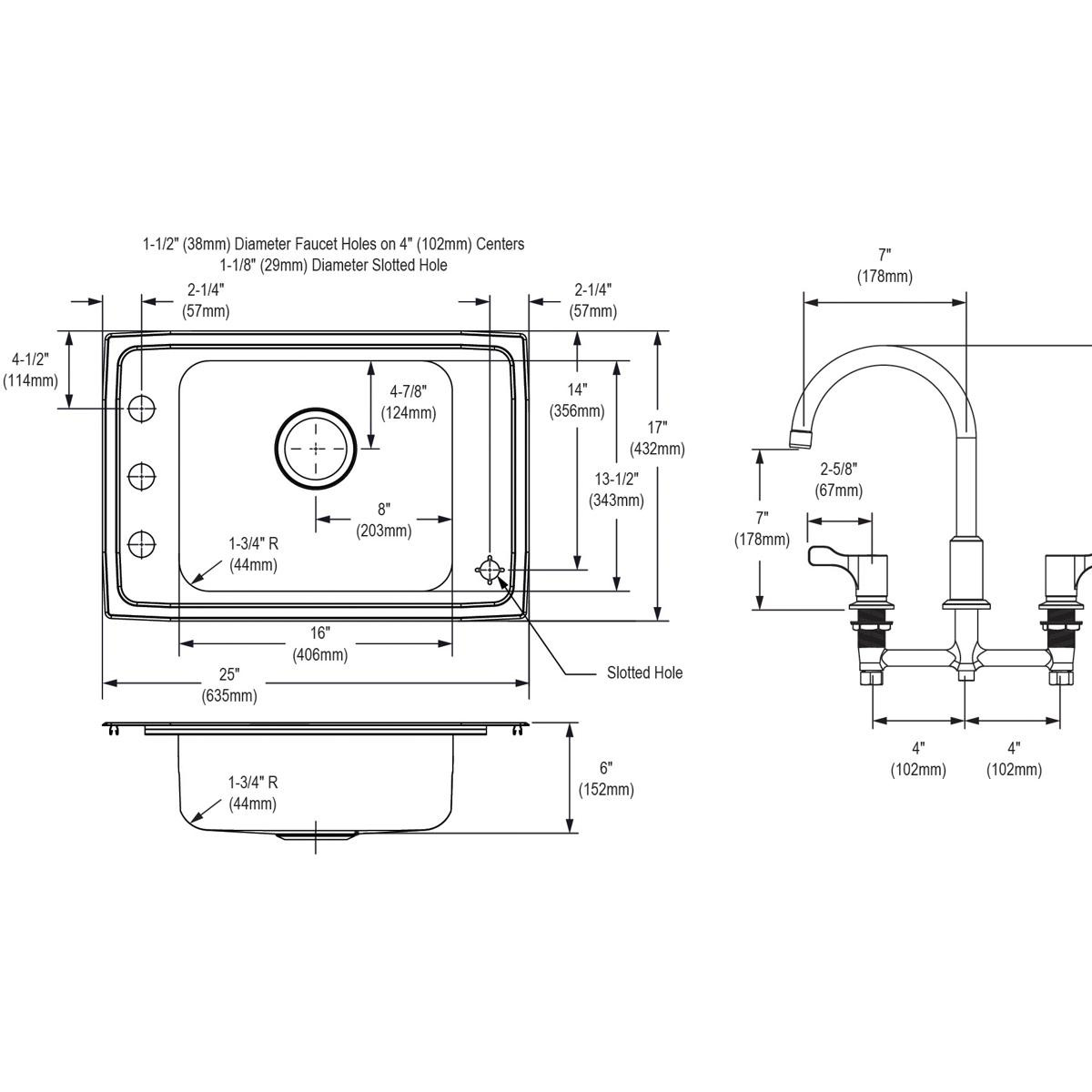 Elkay Lustertone Classic Stainless Steel 25" x 17" x 6", 4-Hole Single Bowl Drop-in Classroom ADA Sink+Faucet/Bubbler Kit